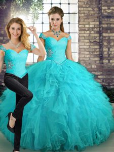 Sexy Aqua Blue Lace Up Off The Shoulder Beading and Ruffles Quince Ball Gowns Tulle Sleeveless
