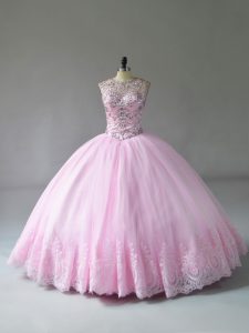 Scoop Sleeveless Sweet 16 Dress Floor Length Beading and Appliques Baby Pink Tulle