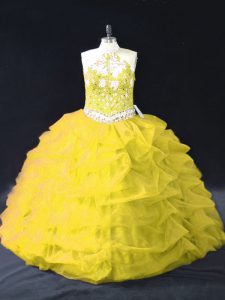 Luxurious Gold Organza Backless Halter Top Sleeveless Floor Length Sweet 16 Quinceanera Dress Appliques and Pick Ups