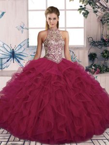 Custom Made Beading and Ruffles 15th Birthday Dress Burgundy Lace Up Sleeveless Floor Length