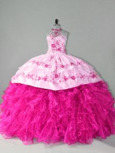Hot Pink Sweet 16 Dresses Sweet 16 and Quinceanera with Embroidery and Ruffles Halter Top Sleeveless Court Train Lace Up