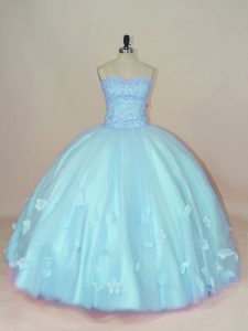 Sleeveless Lace Up Floor Length Beading and Hand Made Flower Vestidos de Quinceanera