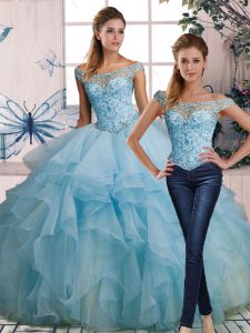 Spectacular Light Blue Sleeveless Floor Length Beading and Ruffles Lace Up Ball Gown Prom Dress
