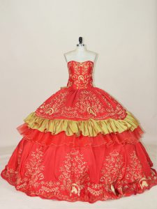 Dazzling Red Satin Lace Up Sweetheart Sleeveless Floor Length Ball Gown Prom Dress Embroidery and Bowknot