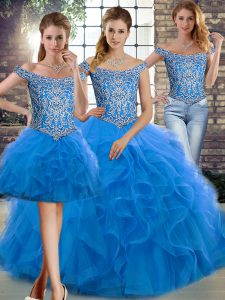 On Sale Blue Quinceanera Dresses Tulle Brush Train Sleeveless Beading and Ruffles