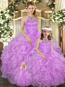 Lilac Halter Top Lace Up Beading and Ruffles 15th Birthday Dress Sleeveless