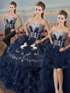 Stunning Lace Up Ball Gown Prom Dress Navy Blue for Sweet 16 and Quinceanera with Embroidery and Ruffles