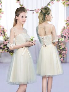 Champagne Tulle Lace Up Quinceanera Court Dresses Half Sleeves Mini Length Lace and Bowknot