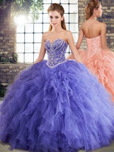 Sexy Lavender Sleeveless Floor Length Beading and Ruffles Lace Up Quinceanera Dresses