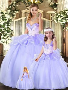 Nice Sweetheart Sleeveless Quinceanera Gowns Floor Length Beading and Ruffles Lavender Organza