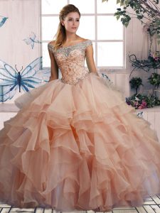 Pink Lace Up Off The Shoulder Beading and Ruffles Sweet 16 Quinceanera Dress Organza Sleeveless