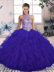 Dramatic Purple Tulle Lace Up Vestidos de Quinceanera Sleeveless Floor Length Beading and Ruffles