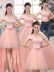 Short Sleeves Lace and Hand Made Flower Lace Up Sweet 16 Quinceanera Dress