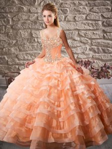 Deluxe Straps Sleeveless Organza Ball Gown Prom Dress Beading and Ruffled Layers Court Train Lace Up