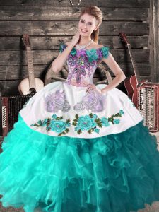 Pretty Organza Off The Shoulder Sleeveless Lace Up Embroidery 15th Birthday Dress in Turquoise