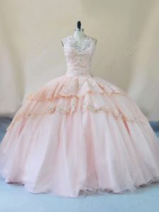 Affordable Tulle Halter Top Sleeveless Lace Up Beading and Lace and Appliques Ball Gown Prom Dress in Peach