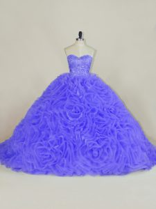 Ideal Purple Quinceanera Dress Organza and Fabric With Rolling Flowers Brush Train Sleeveless Beading and Ruffles