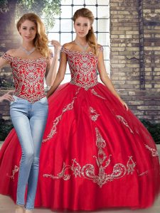 Hot Sale Red Lace Up Off The Shoulder Beading and Embroidery 15 Quinceanera Dress Tulle Sleeveless