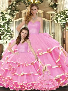 Floor Length Ball Gowns Sleeveless Rose Pink Quinceanera Dress Lace Up