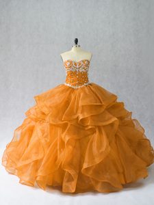Sleeveless Floor Length Beading and Ruffles Lace Up Quinceanera Dresses with Orange
