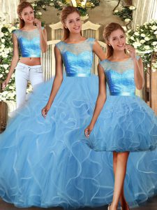 Eye-catching Baby Blue Backless Quince Ball Gowns Lace and Ruffles Sleeveless Floor Length