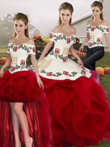 White And Red Sleeveless Floor Length Embroidery and Ruffles Lace Up Quinceanera Dress