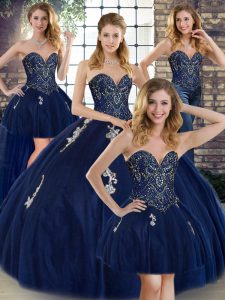 Luxury Beading and Appliques Ball Gown Prom Dress Navy Blue Lace Up Sleeveless Floor Length