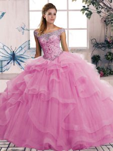 Spectacular Off The Shoulder Sleeveless Lace Up Sweet 16 Quinceanera Dress Rose Pink Tulle