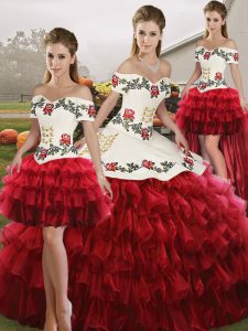 Trendy Organza Off The Shoulder Sleeveless Lace Up Embroidery and Ruffled Layers Quinceanera Dress in Wine Red