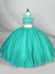 Sleeveless Tulle Floor Length Zipper 15th Birthday Dress in Turquoise with Beading