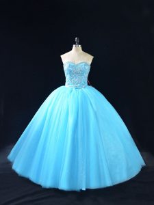 Popular Baby Blue Lace Up Sweetheart Beading Sweet 16 Quinceanera Dress Tulle Sleeveless