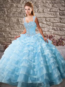 Artistic Straps Sleeveless Court Train Lace Up Quince Ball Gowns Blue Organza