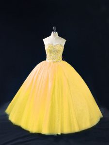 Flirting Gold Ball Gowns Tulle Sweetheart Sleeveless Beading Floor Length Lace Up Quince Ball Gowns