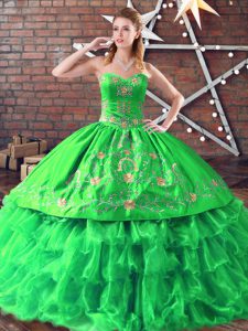 Glorious Green Lace Up Sweetheart Embroidery Quince Ball Gowns Organza Sleeveless