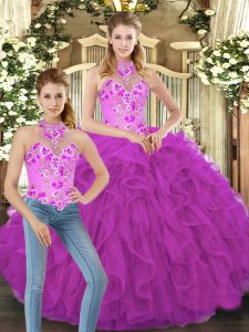 Fuchsia Two Pieces Tulle Halter Top Sleeveless Embroidery and Ruffles Floor Length Lace Up Ball Gown Prom Dress