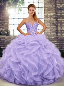 Latest Tulle Sweetheart Sleeveless Lace Up Beading and Ruffles Quinceanera Dresses in Lavender