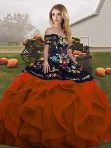 Customized Rust Red Tulle Lace Up Off The Shoulder Sleeveless Floor Length Vestidos de Quinceanera Embroidery and Ruffles
