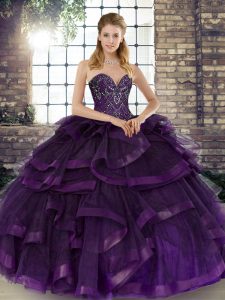 Unique Sleeveless Lace Up Floor Length Beading and Ruffles Ball Gown Prom Dress