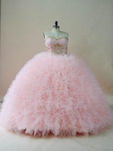 Inexpensive Sweetheart Sleeveless Brush Train Lace Up Vestidos de Quinceanera Baby Pink Tulle