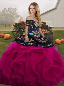 Beauteous Off The Shoulder Sleeveless Sweet 16 Dresses Floor Length Embroidery and Ruffles Fuchsia Tulle