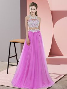 Fabulous Lilac Two Pieces Halter Top Sleeveless Tulle Floor Length Zipper Lace Dama Dress for Quinceanera