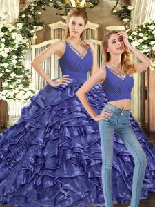 Glorious Lavender Two Pieces V-neck Sleeveless Organza Brush Train Backless Ruffles Sweet 16 Quinceanera Dress