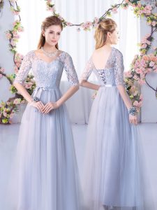 Gorgeous Grey Empire V-neck Half Sleeves Tulle Floor Length Lace Up Lace Quinceanera Court of Honor Dress