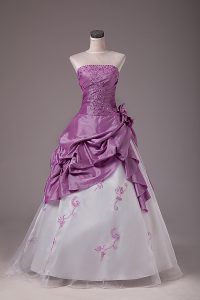 A-line 15 Quinceanera Dress White And Purple Strapless Organza and Taffeta Sleeveless Floor Length Lace Up