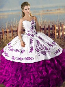 Modest White And Purple Ball Gowns Sweetheart Sleeveless Embroidery and Ruffles Floor Length Lace Up Sweet 16 Dress