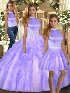 Lavender Ball Gowns Tulle Halter Top Sleeveless Beading and Ruffles Floor Length Backless Ball Gown Prom Dress