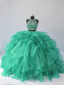 Lovely Turquoise Ball Gowns Halter Top Sleeveless Organza Brush Train Backless Beading and Ruffles Quinceanera Gowns
