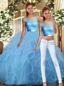 Baby Blue Tulle Backless Scoop Sleeveless Floor Length Quince Ball Gowns Lace and Ruffles