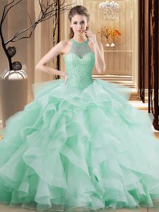 Colorful Apple Green Quinceanera Gowns Sweet 16 and Quinceanera with Beading and Ruffles Halter Top Sleeveless Brush Train Lace Up