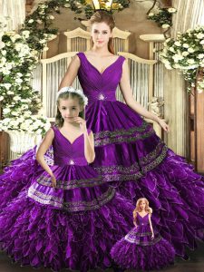Delicate V-neck Sleeveless Vestidos de Quinceanera Floor Length Beading and Embroidery and Ruffles Purple Organza